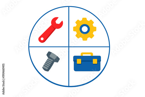 Different types of tools in a circular layout with a wrench, gear, bolt, and toolbox