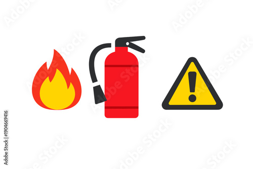 Fire safety symbols show flame, fire extinguisher, and warning sign in simple graphic style for awareness in emergency situations