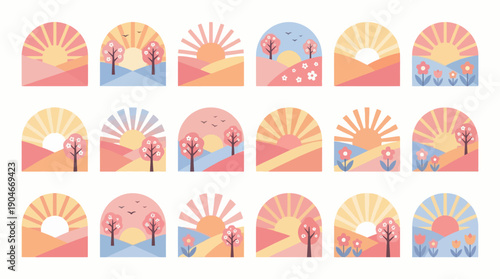 Collection of Cartoon Sun Icons with People.