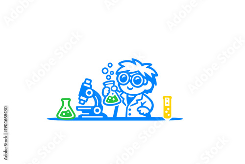 Young scientist conducts experiments in a lab with a microscope and green liquid in beakers during a science class