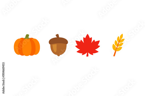 Fall harvest symbols show pumpkin, acorn, maple leaf, and wheat in bright colors on white background during autumn season