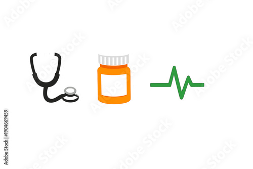 Health care symbols showing stethoscope, pill bottle, and heartbeat line in a simple design representing medical themes and wellness concepts