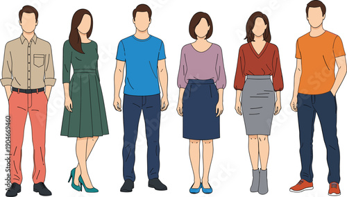 Diverse collection of young men and women in casual and smart office attire standing together for modern lifestyle and professional business team concepts.