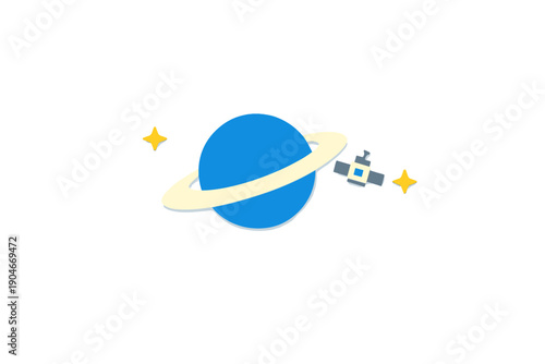 Planet orbits in space with satellite and stars during a digital art creation session