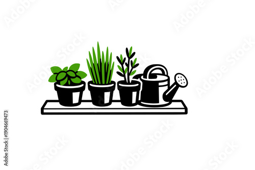 Indoor plants arranged on a shelf with a watering can placed next to them in a simple setting for home gardening