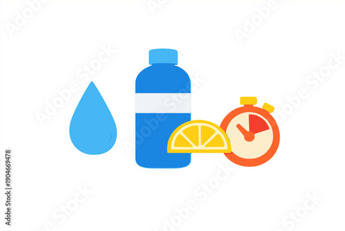 Tips for hydration during workouts at the gym with water, lemon, and a timer for tracking periods of hydration and rest