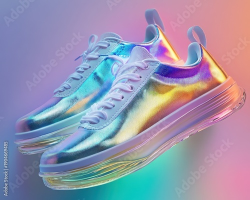 Colorful iridescent sneakers hover against a vibrant gradient background.