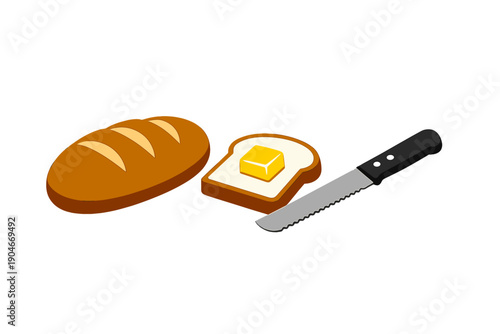 Bread and butter and knife on a table with a loaf and a slice prepared for spreading in a simple kitchen setting