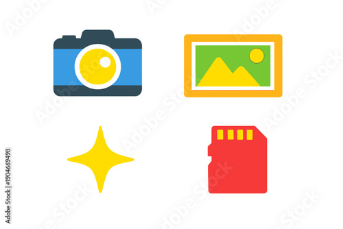 Camera, image frame, sparkle, and memory card icons on a white background showing tools for photography and art display