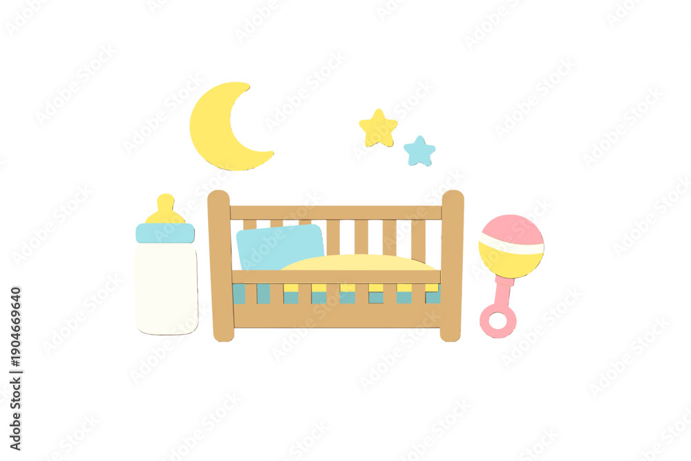 Obraz premium Bright colors and simple shapes create a nursery scene with a crib, baby bottle, rattle, and baby items on a white background