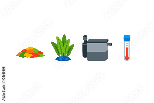 Different items for an aquarium setup including fish food, aquatic plants, a filter, and a thermometer for water temperature control