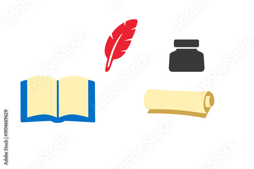 Various writing tools are arranged on a plain background showing an open book, a quill, an ink bottle, and a sheet of parchment