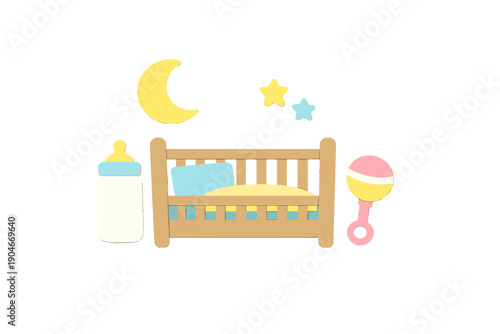 Bright colors and simple shapes create a nursery scene with a crib, baby bottle, rattle, and baby items on a white background