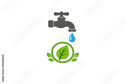 Water drops from a tap above a green leaf symbol showing the importance of water for nature and the environment in any setting