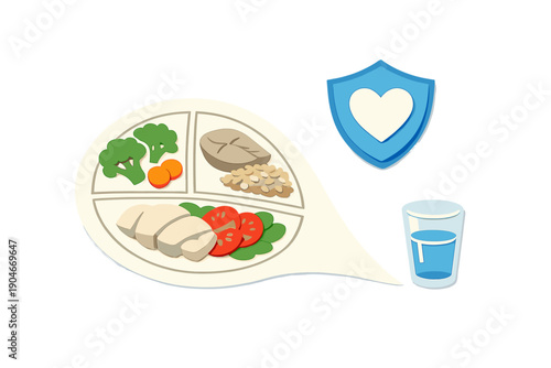 Healthy meal with vegetables, chicken, grains, and water on a plate, alongside a heart and shield symbol for nutrition and wellness