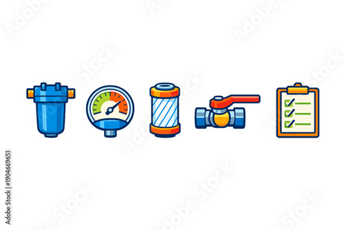 Icons represent water filtration system components and maintenance steps for plumbing work in household settings