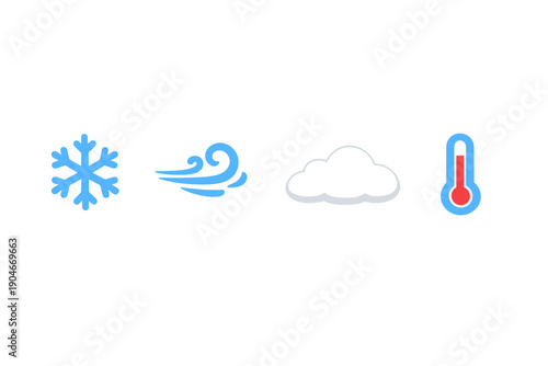 Snowflake, wind, cloud, and thermometer illustrate winter weather conditions and temperature changes throughout the season in a simple graphic