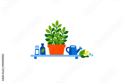 Plant care setup with various tools and materials on a shelf in a bright environment