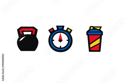 A kettlebell, stopwatch, and protein shake are shown together in a simple design related to fitness and workout routines
