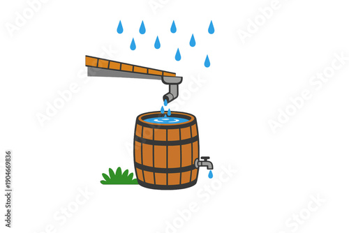 Water drops from a spout into a wooden barrel while smaller drops fall around it during a rainfall