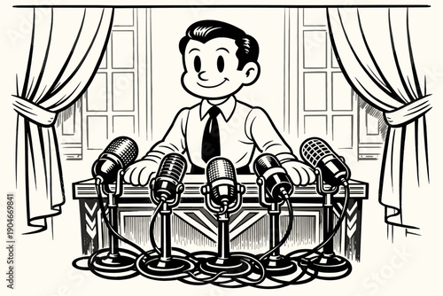 Black and white cartoon illustration of a man speaking at a podium with multiple microphones. Concept of press conference, public speech, media communication, leadership, and announcements.