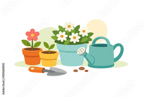 Gardening scene with flowers, pots, and tools in a sunny outdoor setting during springtime activities