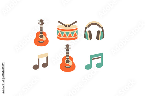 Musical icons include guitars, drum, headphones, and music notes in a simple design suitable for various creative uses and projects related to music