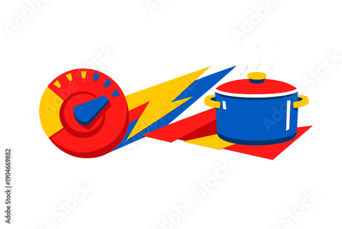 Cooking on a gas stove with a pot and a dial showing heat levels during a meal preparation