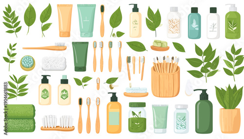 Collection of Cosmetic Products and Green Leaves.