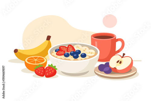 Breakfast table with bowl of oatmeal, fruits, and coffee placed on a simple background during morning time