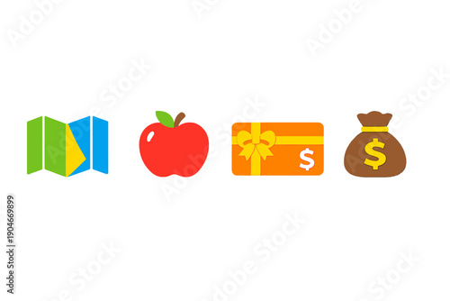 Four colorful icons showing a map, an apple, a gift box with a ribbon, and a money bag in a clean layout suitable for various design uses
