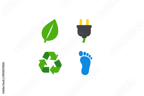 Icons representing environmental concepts related to sustainability, energy conservation, recycling, and carbon footprint reduction used in digital design