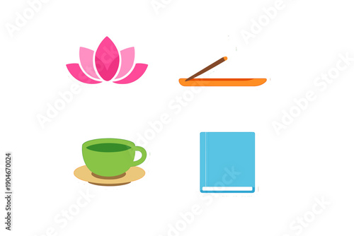 Different items including a lotus flower, incense stick, green cup, and blue book on a plain background