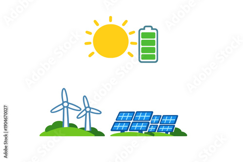 Renewable energy symbols showing sun, battery, wind turbines, and solar panels in a graphic representation of clean power sources