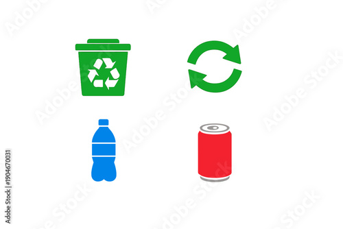 Recycling symbols showing a recycling bin, a water bottle, a soda can, and a circular arrow in a simple layout