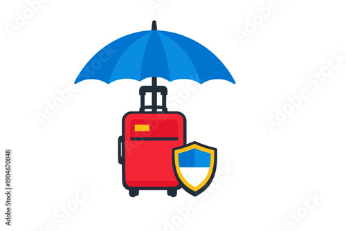 Red suitcase with a blue umbrella and a shield, symbolizing travel safety and protection from unexpected events during trips