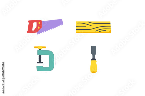 Tools for woodworking tasks shown on a plain background with various items arranged to highlight their functions and uses during projects in construction and repair work