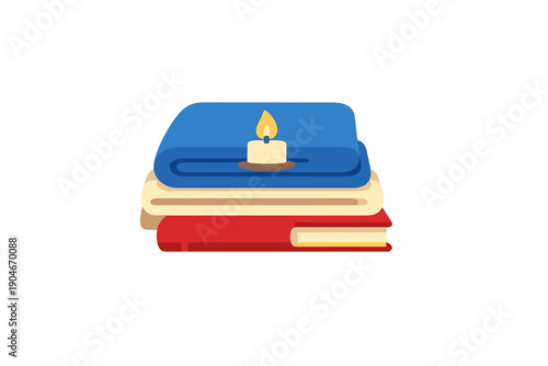 Stack of books with a candle on top in a simple layout on a white background showing study or relaxation themes during nighttime or evening hours