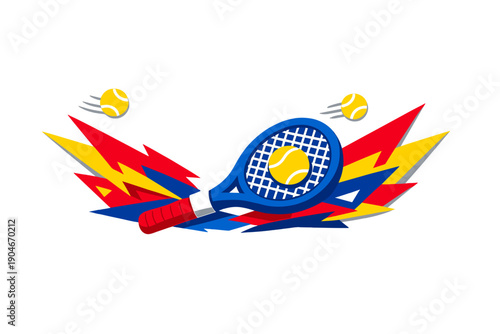 Graphic design showing a tennis racket and balls with colorful dynamic shapes in a playful style on a white background during a sports-themed event