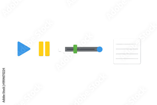 Shapes and icons representing play, pause, volume control, and notes are displayed on a simple background for a digital interface