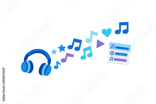 Headphones with music notes and symbols float next to a music player interface showing play and list options
