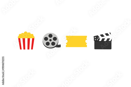 Enjoying movie night with popcorn, film reel, tickets, and a clapperboard while preparing for fun and entertainment at home or in a theater setting