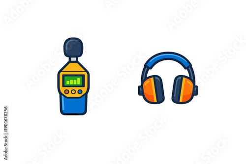 A sound level meter and headphones are shown on a white background, highlighting tools used for measuring sound and listening to audio in various settings