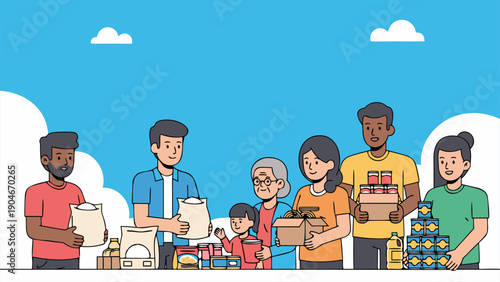 Volunteers distributing food donation together flat vector illustration
