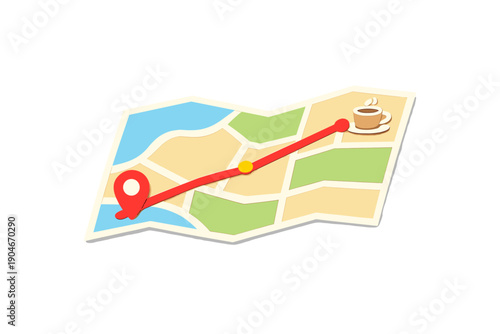 Finding a cafe along the route on a simple map showing streets and a coffee cup icon in the corner