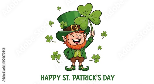 Smiling leprechaun holding shamrock st patricks day
