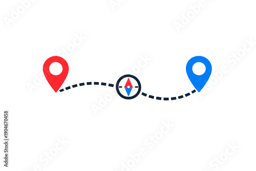 Map showing a journey from one location to another with markers for start and end points and a compass in the center guiding the way along a dotted line