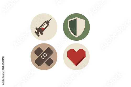 Icons represent medical activities like vaccination, protection, healing, and care for health in a simple design