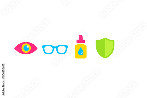 Colorful symbols of eye care, vision, and protection shown in a simple design to highlight the importance of eye health during regular activities