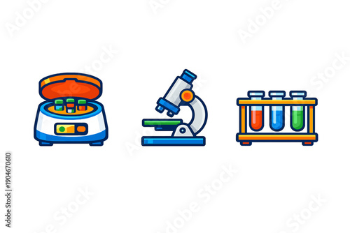 Laboratory tools are shown including a centrifuge, a microscope, and test tubes with colorful liquids